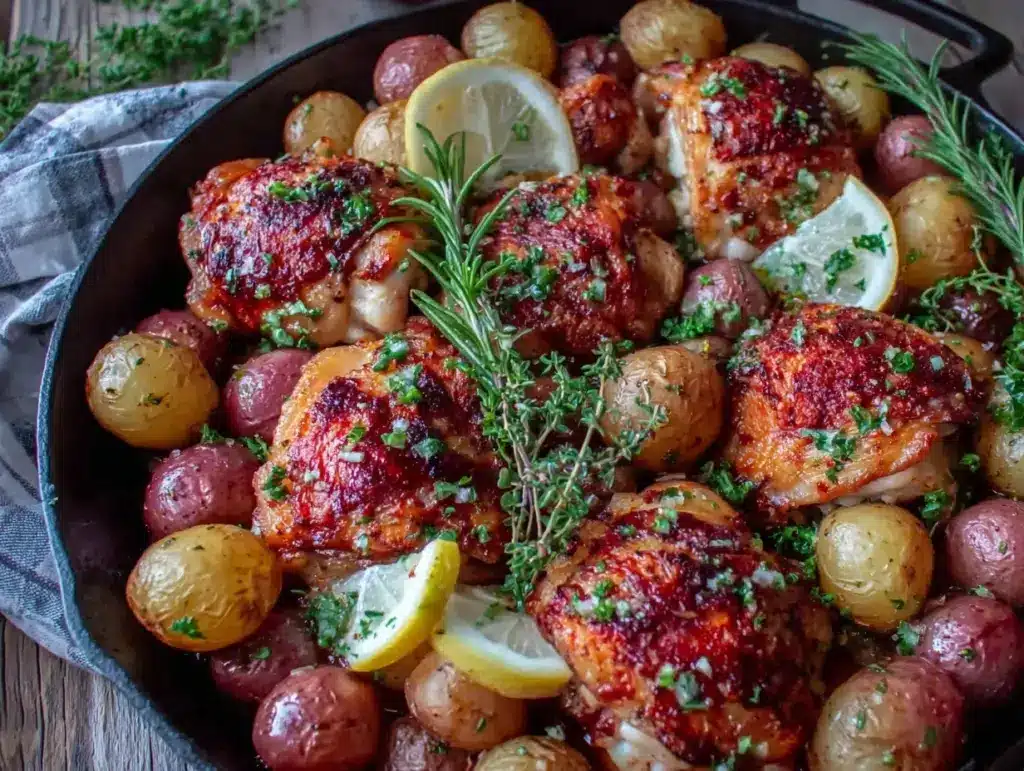 one-pan lemon herb roasted chicken - featured image