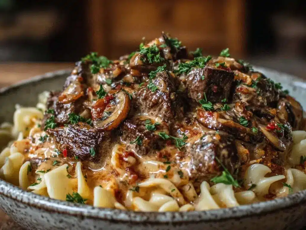 creamy crockpot beef stroganoff - featured image
