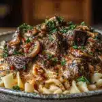 creamy crockpot beef stroganoff - featured image