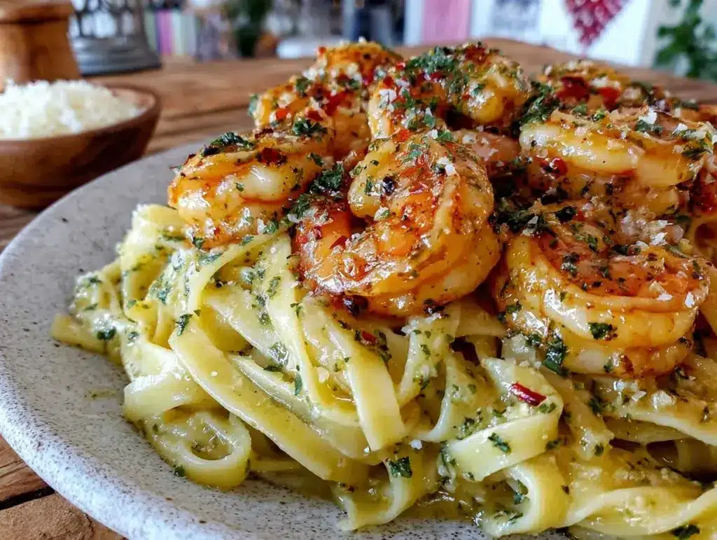 creamy garlic butter shrimp pasta - featured image
