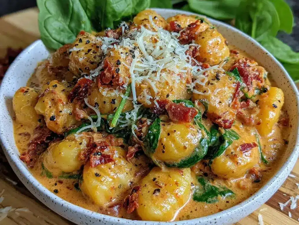 creamy one-pot sun-dried tomato and spinach gnocchi - featured image