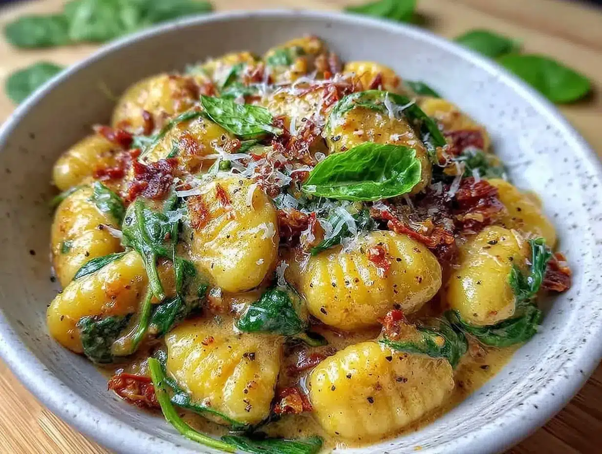 creamy one-pot sun-dried tomato and spinach gnocchi preparation steps