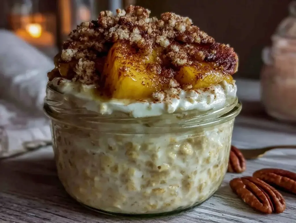 creamy peach cobbler overnight oats - featured image