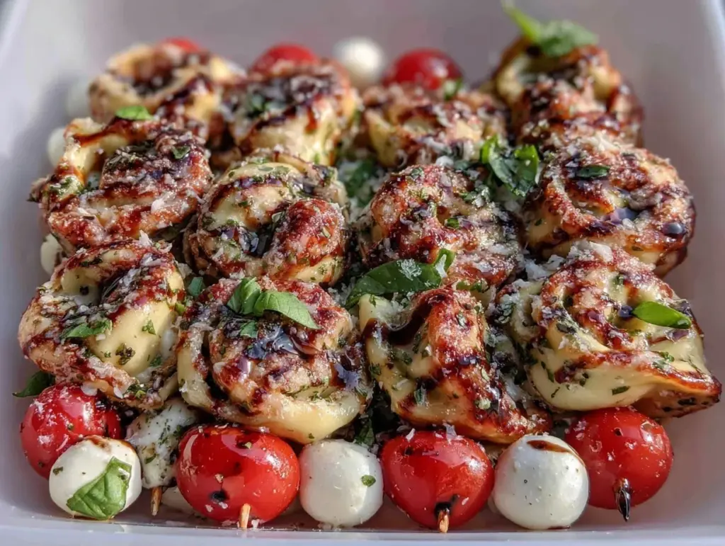 easy caprese tortellini skewers - featured image
