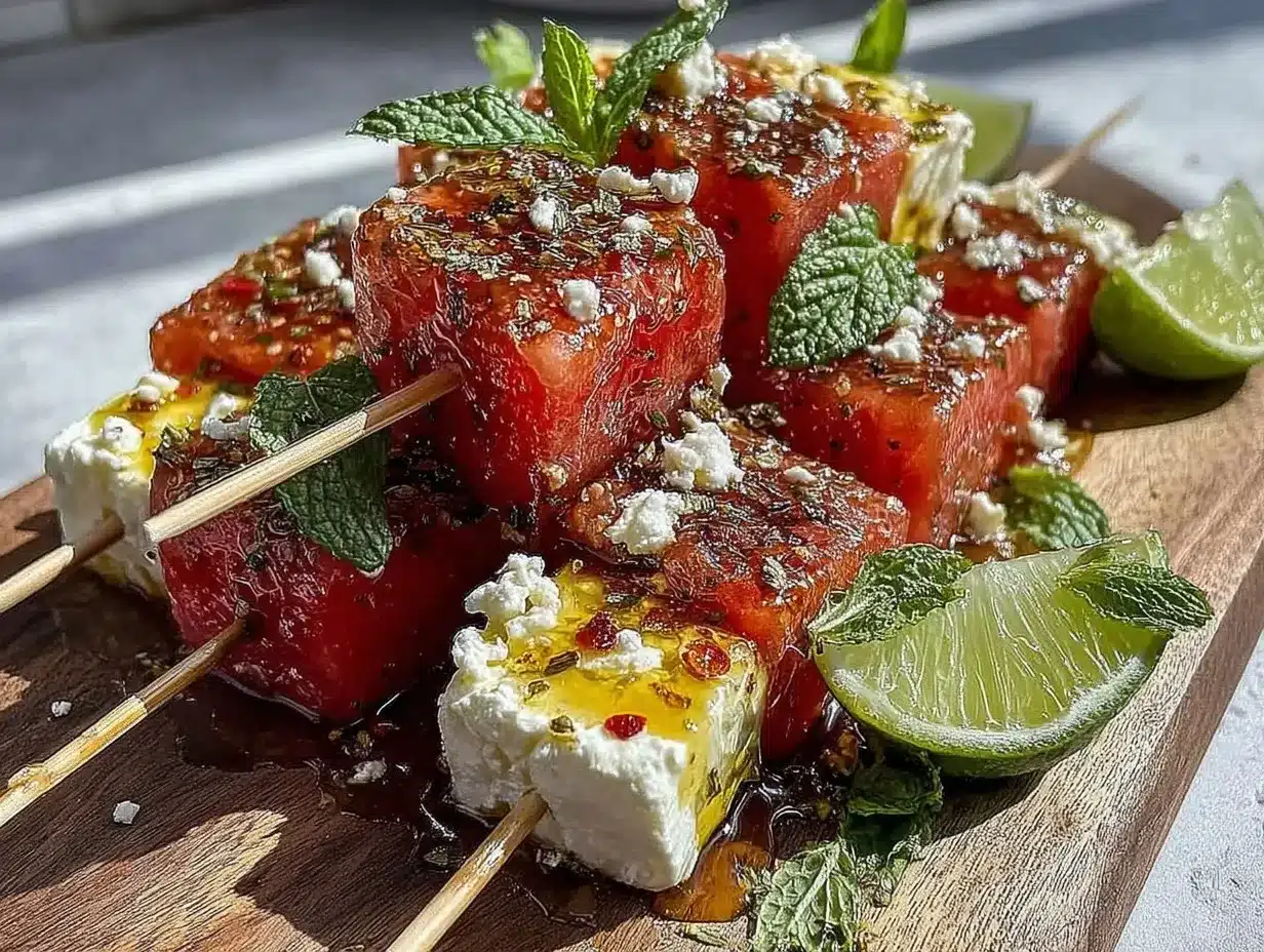 fresh watermelon feta mint skewers preparation steps