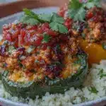 healthy high-protein ground turkey stuffed bell peppers - featured image