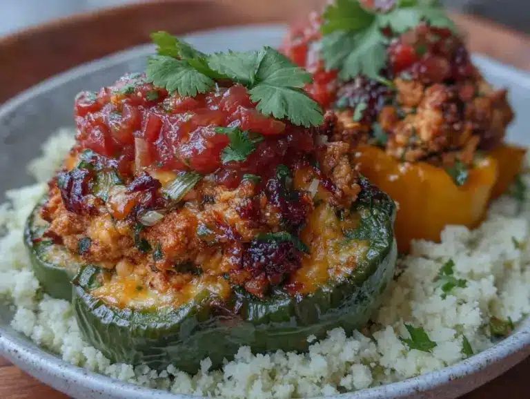 healthy high-protein ground turkey stuffed bell peppers - featured image