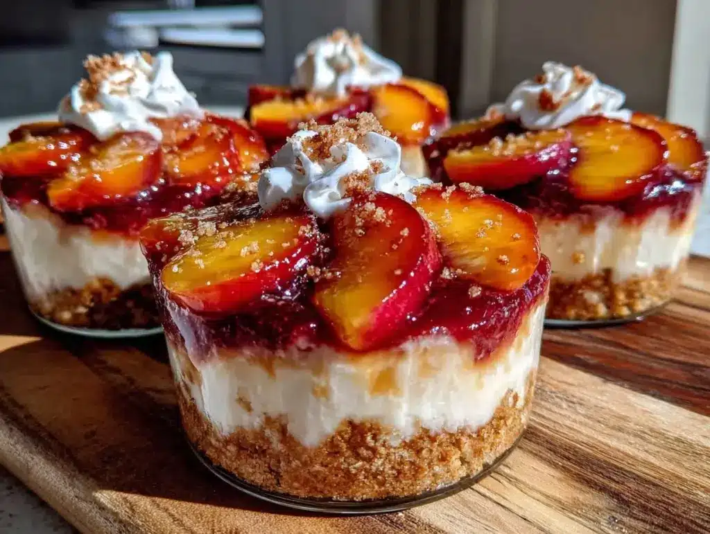 no-bake peach cobbler cheesecake cups - featured image