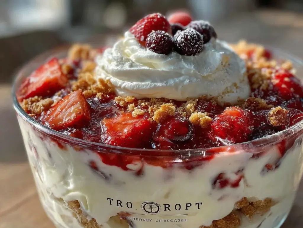 no bake strawberry blueberry cheesecake trifle - featured image