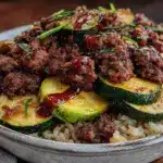 one-pan garlic butter ground beef zucchini rice bowl - featured image