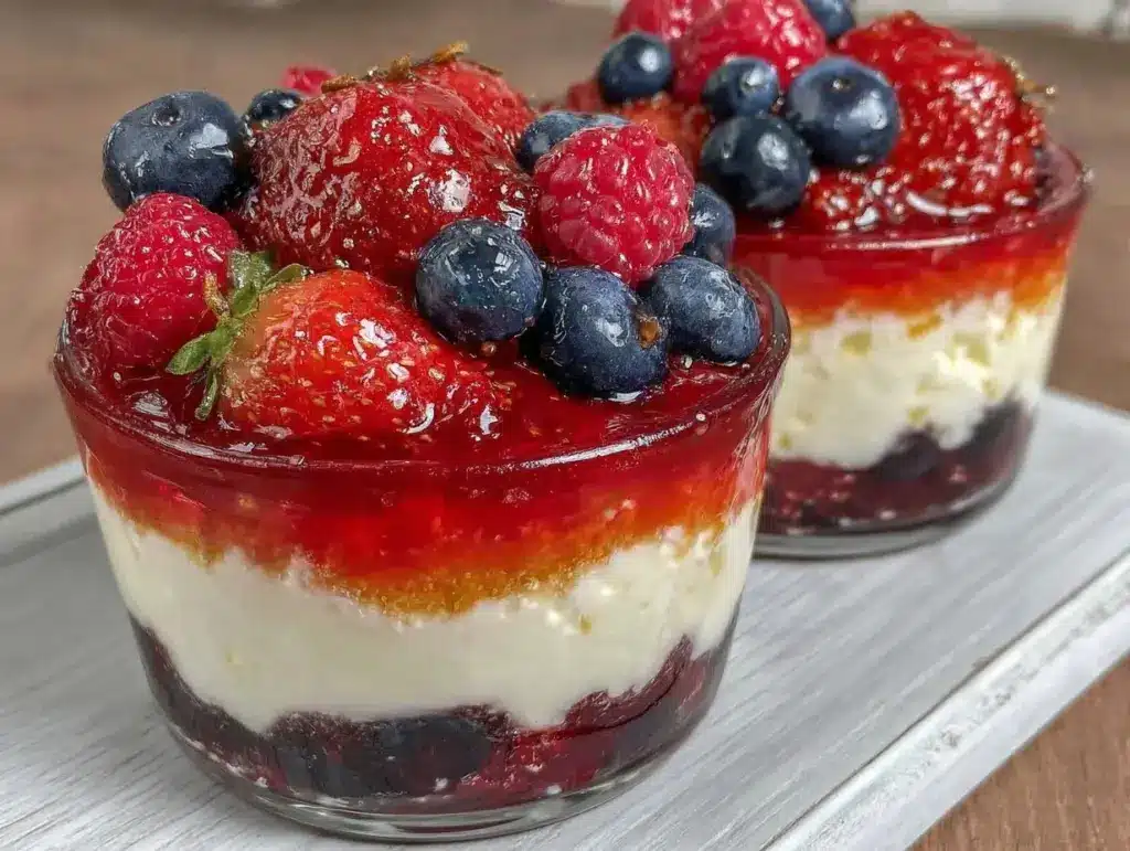 red white and blue layered jello cheesecake cups - featured image