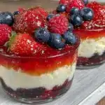 red white and blue layered jello cheesecake cups - featured image
