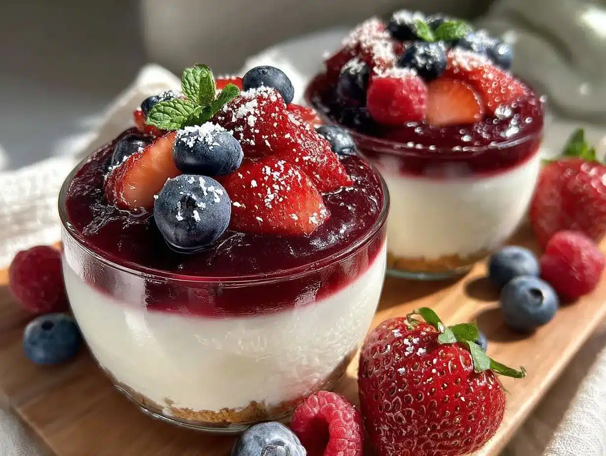 red white and blue layered jello cheesecake cups preparation steps