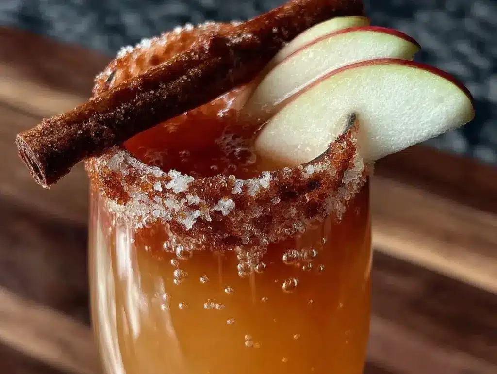 apple cider mimosa with cinnamon sugar rim - featured image