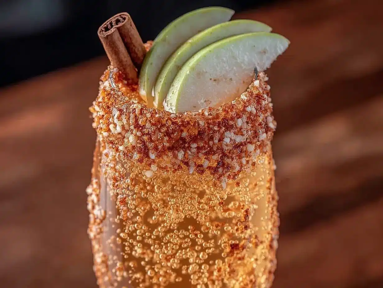 apple cider mimosa with cinnamon sugar rim preparation steps
