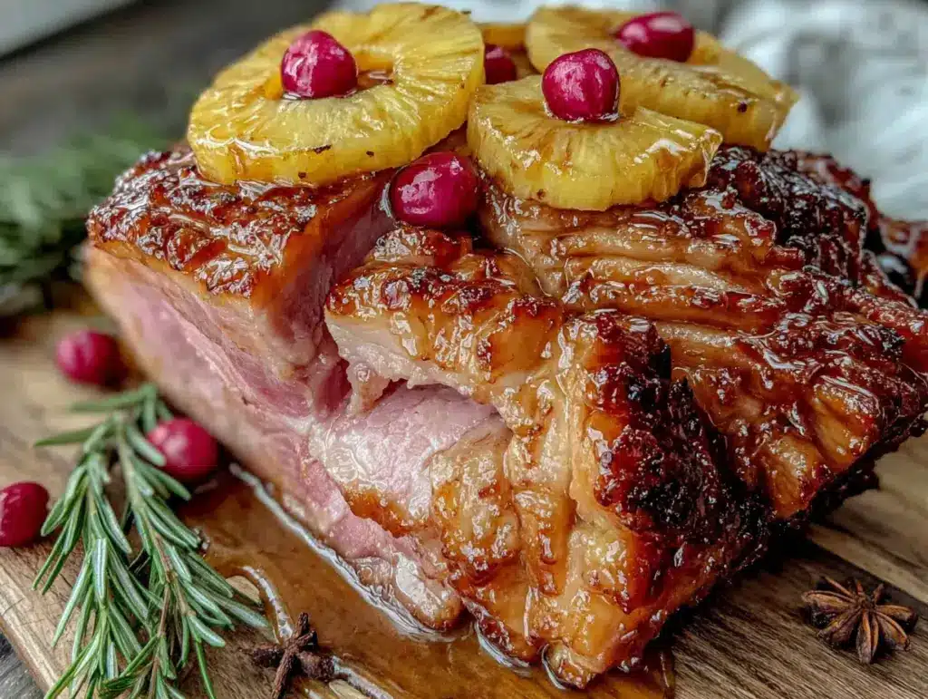 brown sugar glazed ham with pineapple - featured image