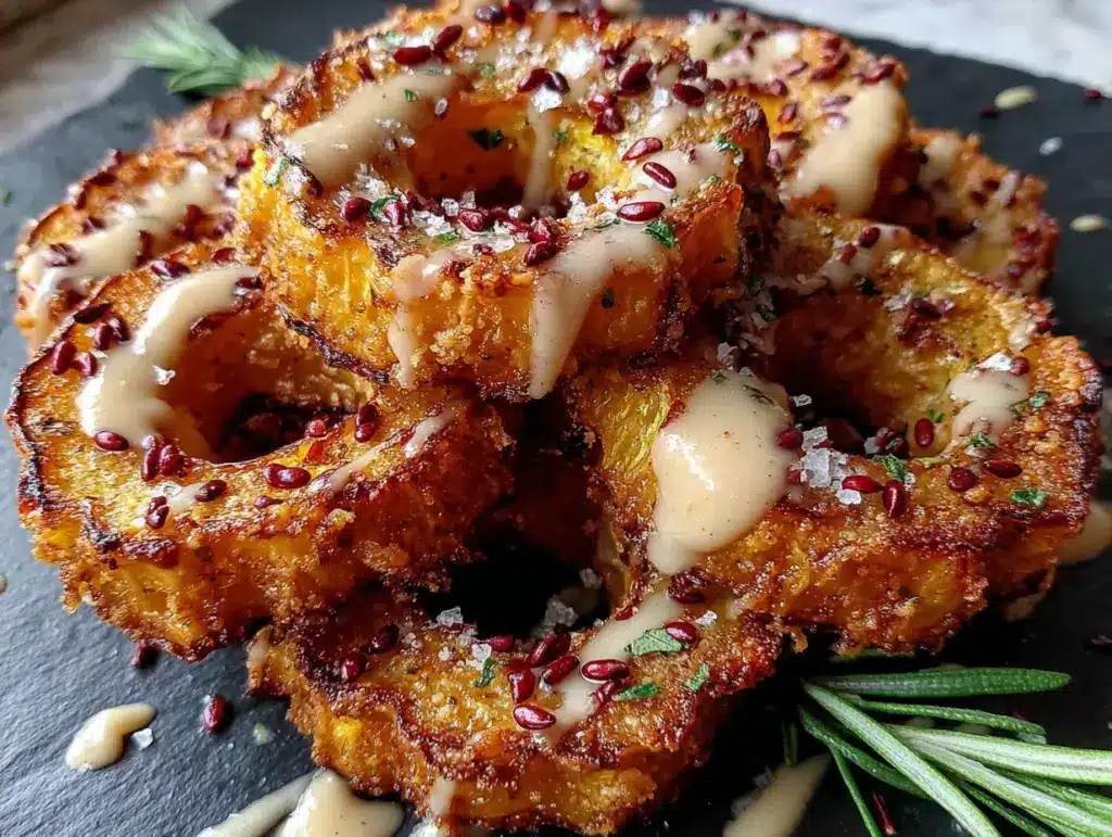 crispy roasted delicata squash rings with maple tahini - featured image