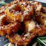 crispy roasted delicata squash rings with maple tahini - featured image