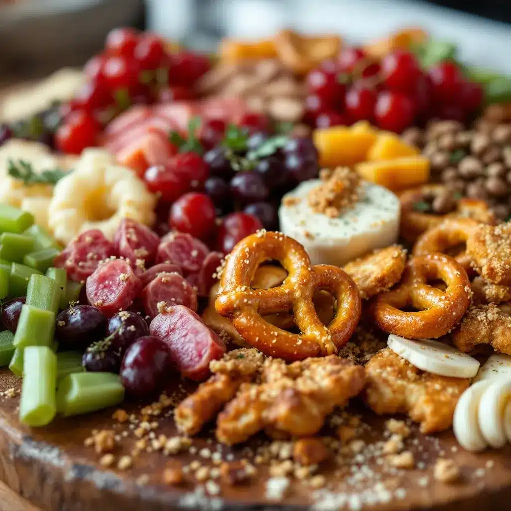 football charcuterie board with pretzel bites preparation steps