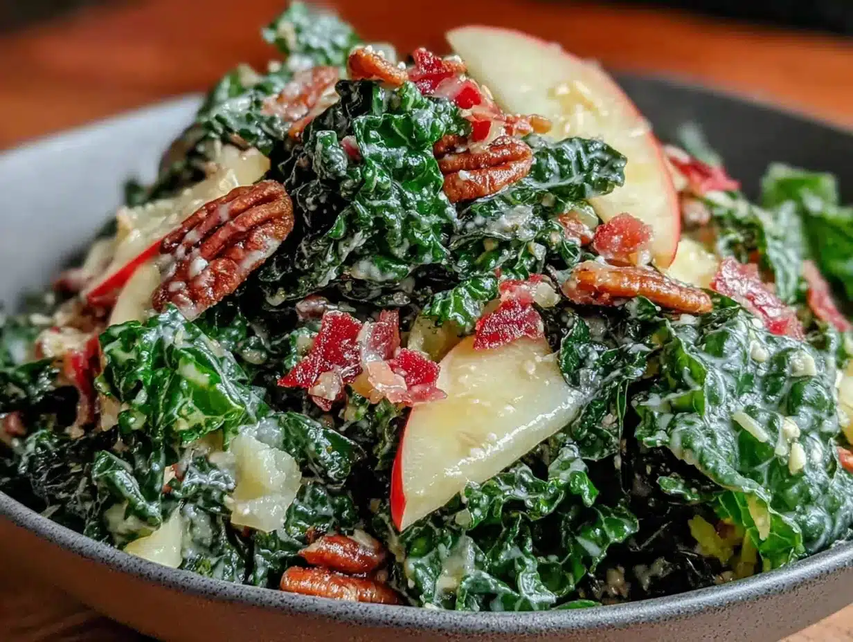 fresh harvest kale salad with apples and pecans preparation steps