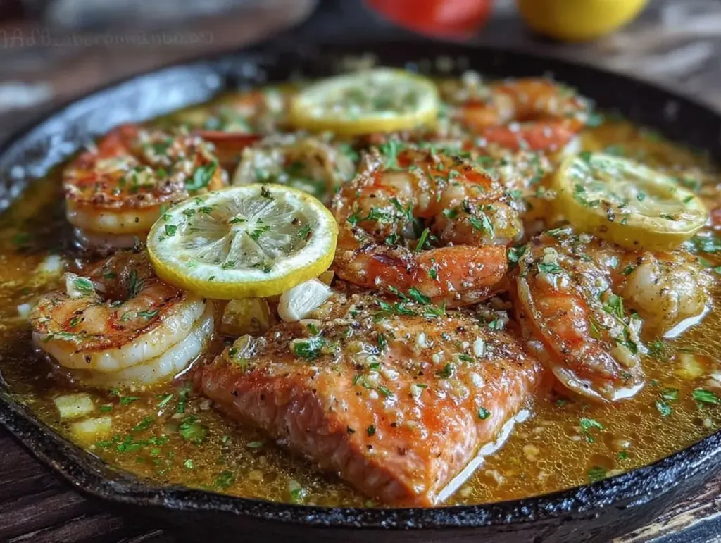 garlic butter shrimp and salmon skillet - featured image