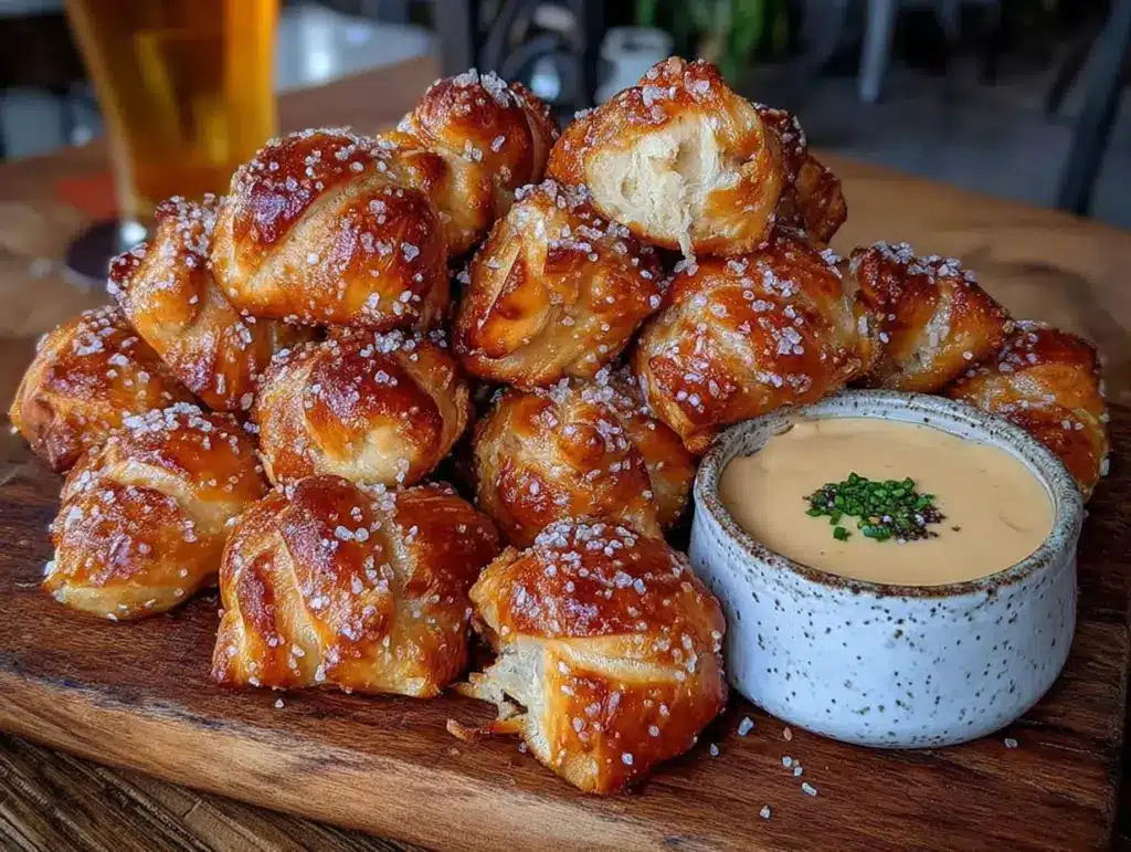 homemade soft pretzel bites with beer cheese dip - featured image