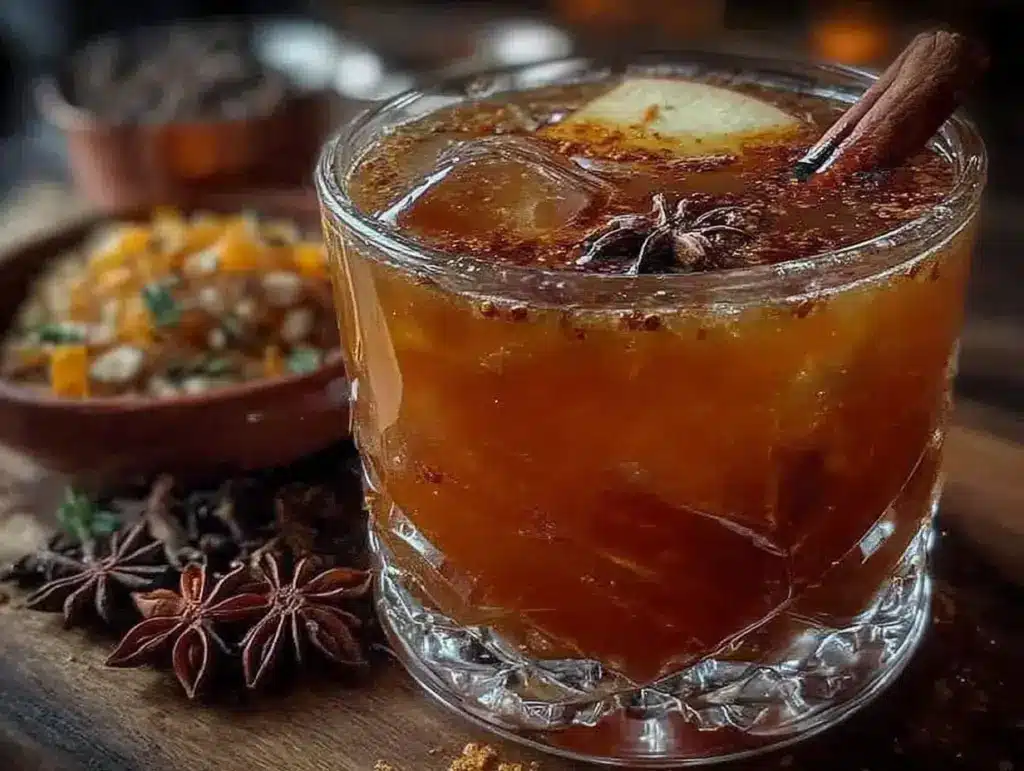 warm apple cider bourbon cocktail - featured image