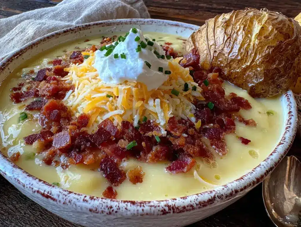 creamy loaded baked potato soup with bacon - featured image