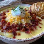creamy loaded baked potato soup with bacon - featured image