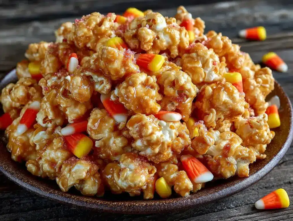 easy halloween popcorn mix with candy corn - featured image