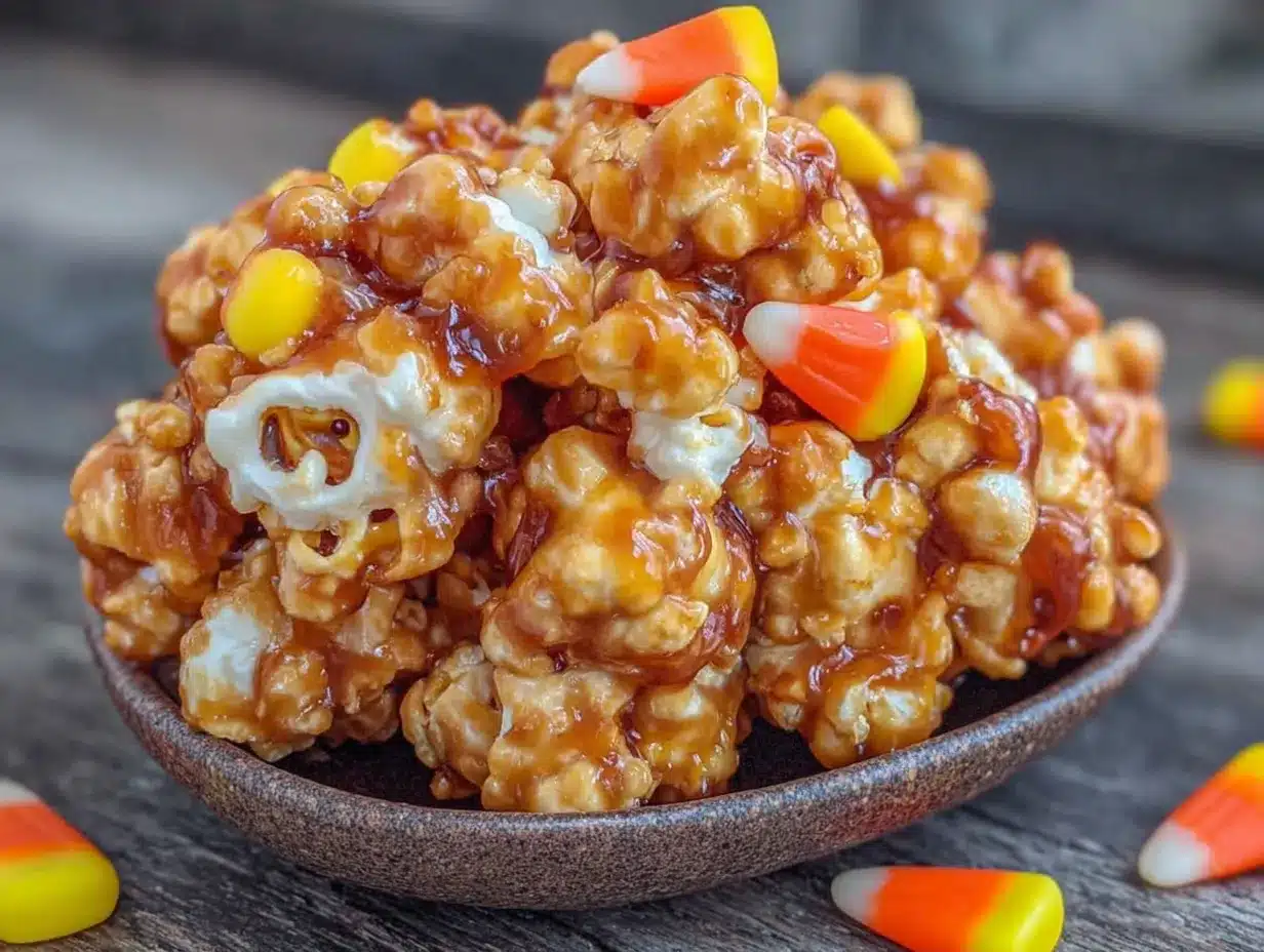 easy halloween popcorn mix with candy corn preparation steps