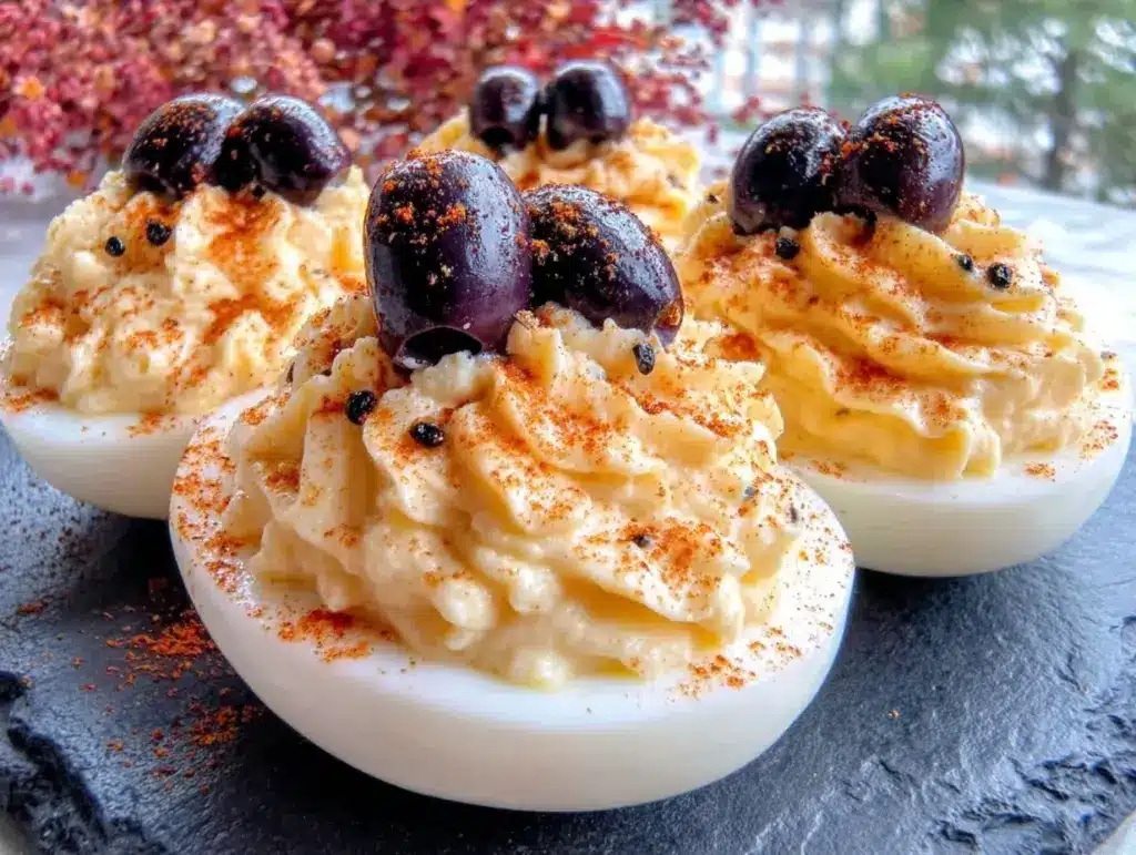 lightened-up spooky spider deviled eggs - featured image