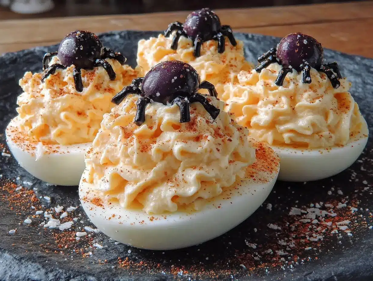 lightened-up spooky spider deviled eggs preparation steps