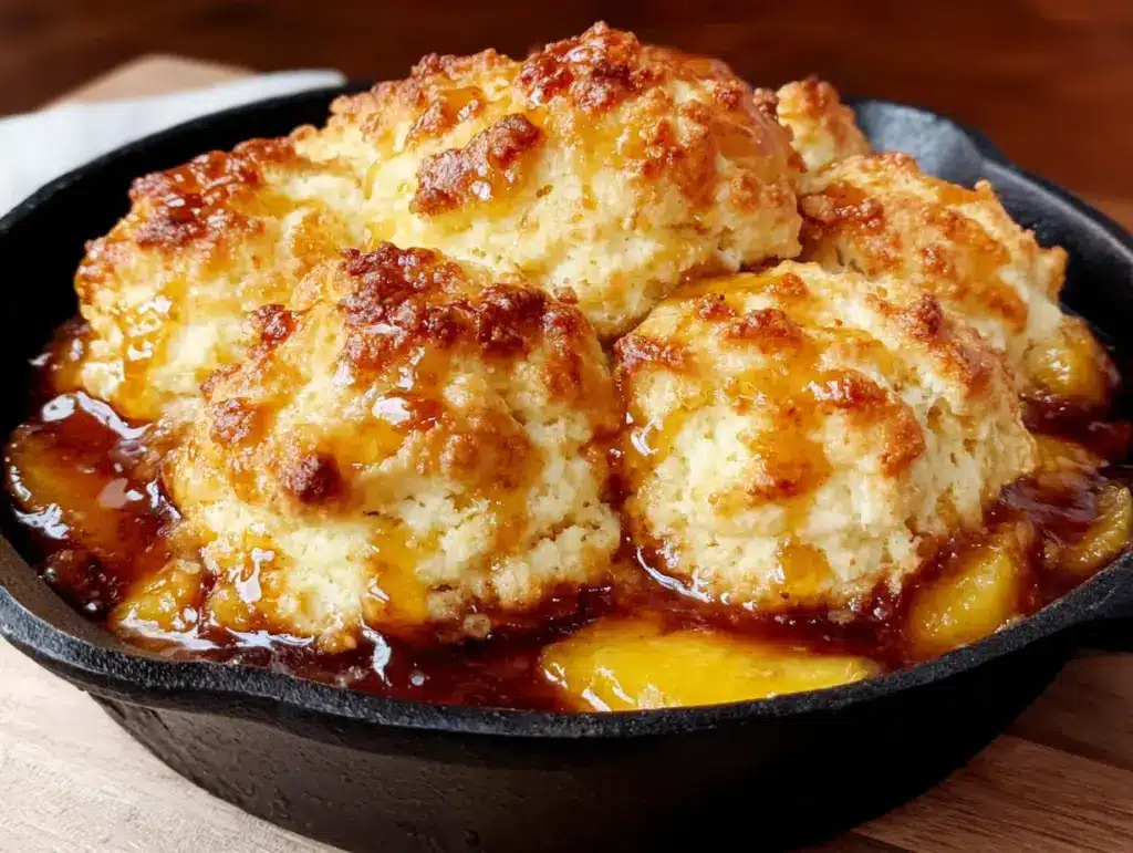 lighter peach cobbler with buttermilk biscuits - featured image