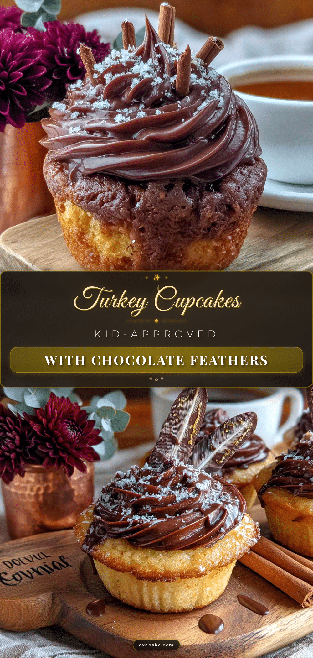 Kid-Approved Turkey Cupcakes with Chocolate Feathers recipe