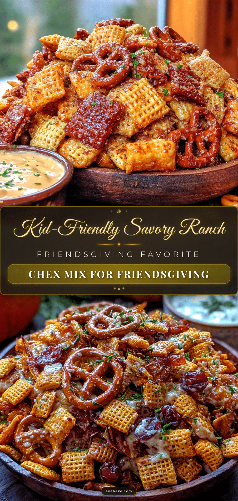kid-friendly savory ranch Chex mix for Friendsgiving recipe